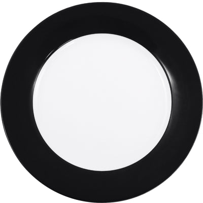 Ein runder Teller mit einem schwarzen Rand und einer weißen Innenfläche. Der Teller ist schlicht und modern gestaltet, ideal für den Einsatz bei formellen Anlässen oder alltäglichem Essen. Der Kontrast zwischen dem schwarzen Rand und der weißen Mitte sorgt für eine ansprechende visuelle Wirkung. Der Teller ist unbeschichtet und hat keine darauf angerichteten Speisen.
