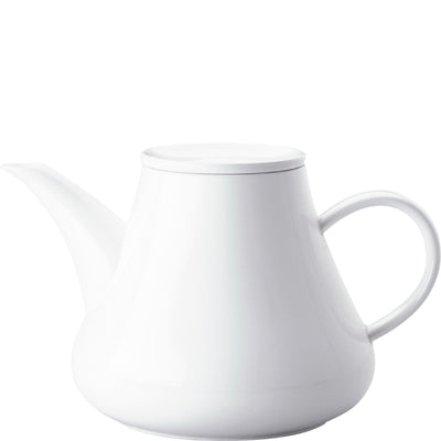 Ein eleganter, weißer Teekessel mit einer geschwungenen Form und einem langen Ausguss. Der Kessel hat einen passenden Deckel und einen ergonomisch geformten Griff, der eine einfache Handhabung ermöglicht. Das minimalistische Design betont die glatte Oberfläche und sorgt für eine moderne Ästhetik in der Küche oder auf dem Tisch. Ideal für das Servieren von Tee oder anderen heißen Getränken.