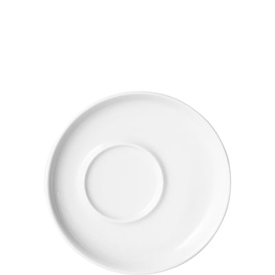 Ein runder, weißer Unterteller ohne Dekorationsmuster. Der Teller hat eine leicht gewölbte Kante und einen kreisförmigen Vertiefung in der Mitte, um eine Tasse oder ein Glas zu halten. Der Hintergrund ist neutral und hell, sodass der Teller im Fokus steht. Ideal für den Einsatz bei Tischgedecken oder Veranstaltungen.
