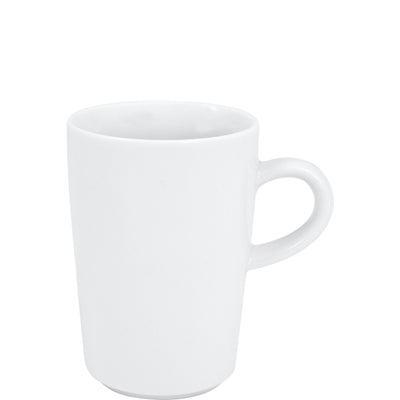 Weißer Becher aus Keramik mit gerader Form und einem kleinen Griff. Der Becher ist innen und außen gleichmäßig glasiert und hat keine Muster. Ideal für heiße Getränke wie Kaffee oder Tee.