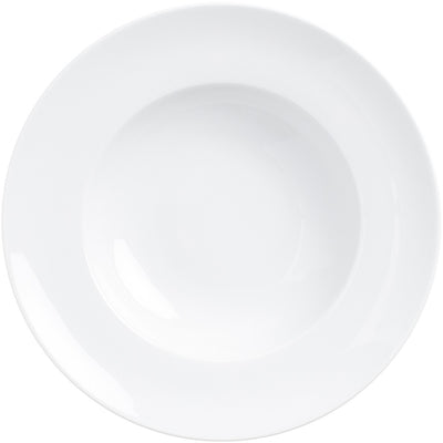 Ein schlichter, runder, weißer Teller ohne Muster oder Verz decoration, der auf einem neutralen Hintergrund abgebildet ist. Der Teller hat eine glatte Oberfläche und eine leicht erhöhte Kante, die eine moderne und elegante Ausstrahlung vermittelt. Ideal für die Präsentation von Speisen.
