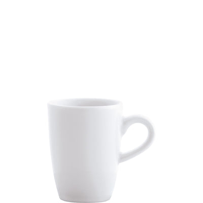Ein einfacher, weißer Kaffeebecher steht auf einem hellen Hintergrund. Der Becher hat eine gerade Form und einen leicht geschwungenen Henkel. Die Oberfläche ist glatt und glänzend, und der Becher sieht neu und unbenutzt aus. Ideal für Kaffee, Tee oder andere heiße Getränke.