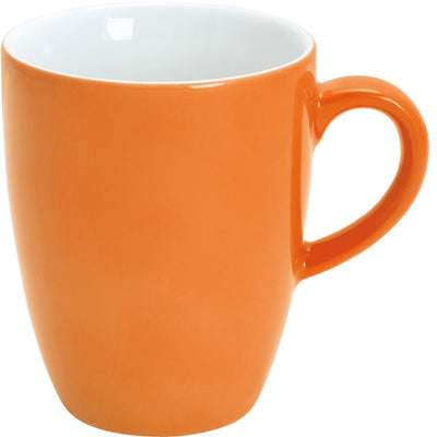 Orangefarbene Kaffeetasse mit einem glatten, runden Körper und einem großen, ergonomischen Henkel. Die Innenseite der Tasse ist weiß, was einen schönen Kontrast zur Außenfarbe bildet. Die Tasse steht auf einer neutralen Oberfläche und wirkt modern und ansprechend. Ideal für heiße Getränke wie Kaffee oder Tee.