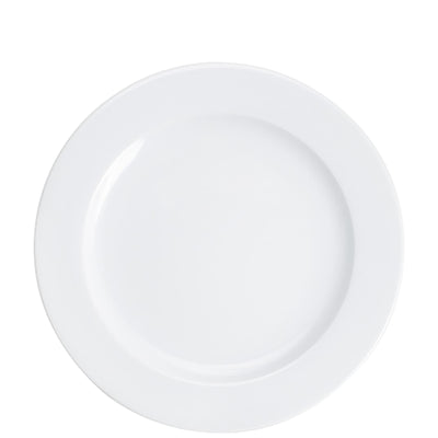 Ein schlichter, runder, weißer Teller ohne Dekoration, von oben betrachtet. Die Oberfläche ist glatt und glänzend, mit einem schmalen Rand. Der Teller hat eine klassische Form und eignet sich für die Präsentation von Speisen.